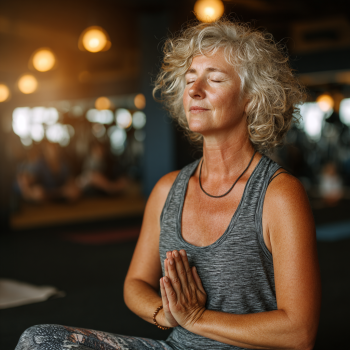 Grup de adulți maturi practicând yoga într-un mediu liniștit și prietenos