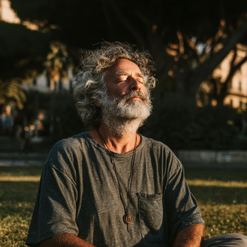 Persoană matură practicând meditație într-o atmosferă relaxantă